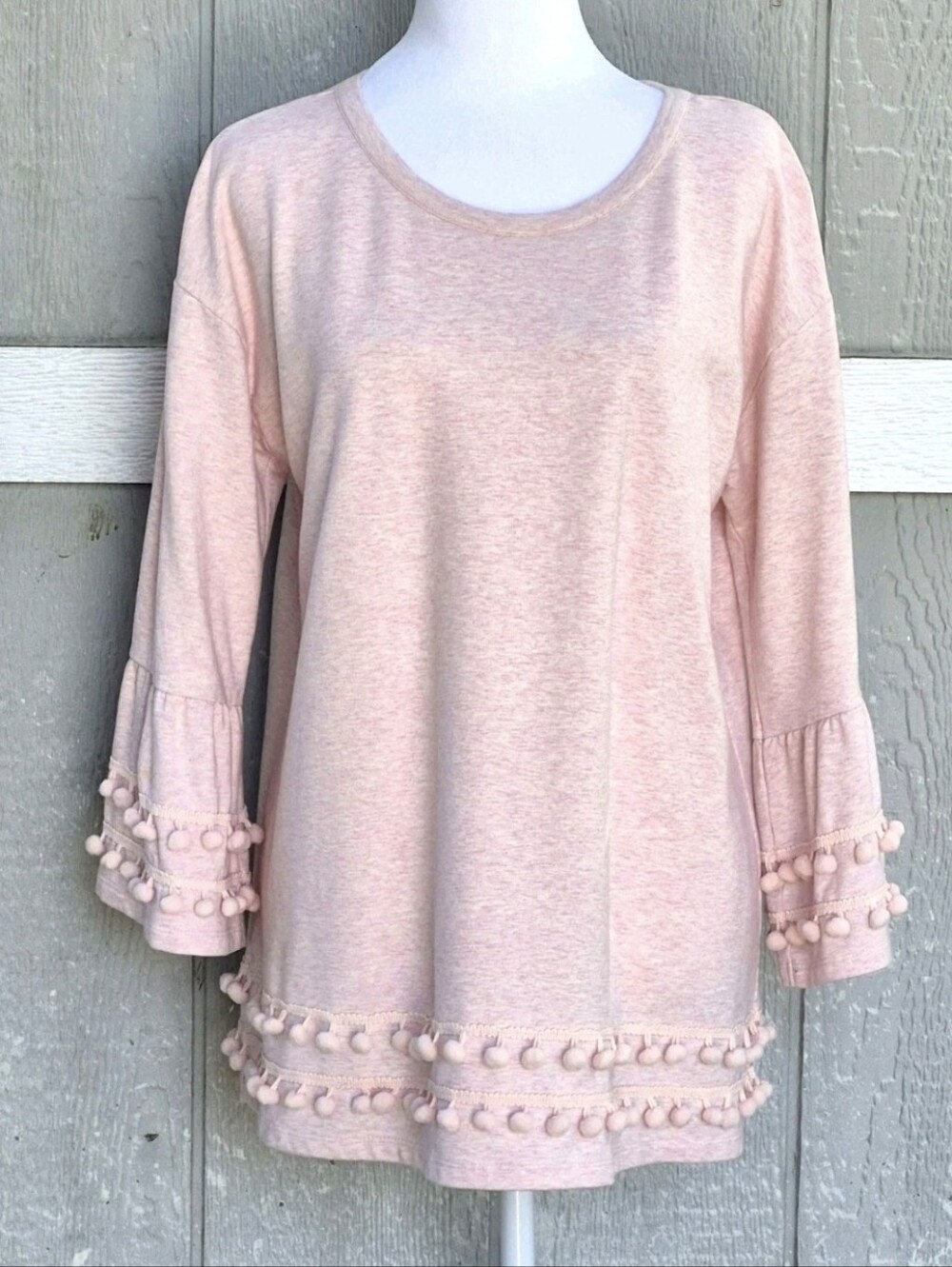 CROWN & IVY Pom Pom Trim COTTON Blend Tunic Top BOHO Women's Bell Sleeve Size L